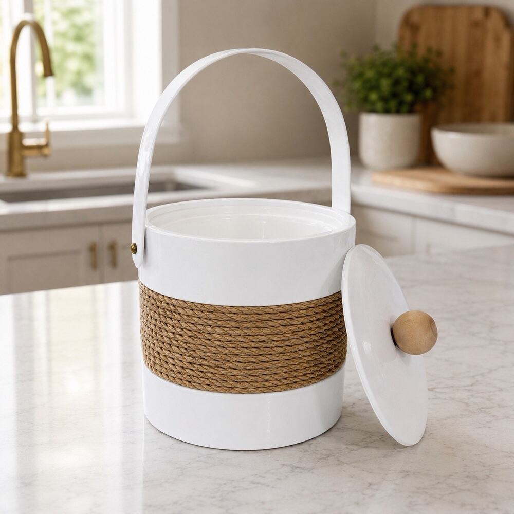 Georges Briard White Vinyl Ice Bucket Cooler Handle 70s Boho MCM Resort Beach